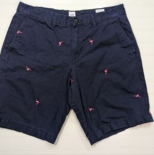 GAP Navy Cotton Woven Shorts Embroidered Pink Flamingos